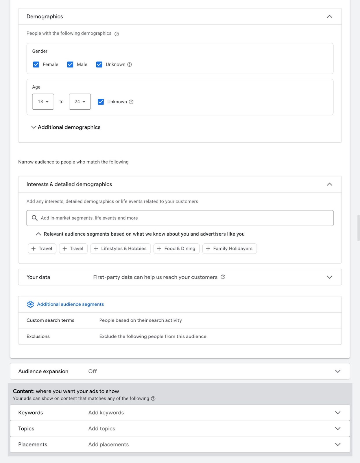 Audience targeting settings on Google Ads with options to specify audience based on gender, age, interests, etc.