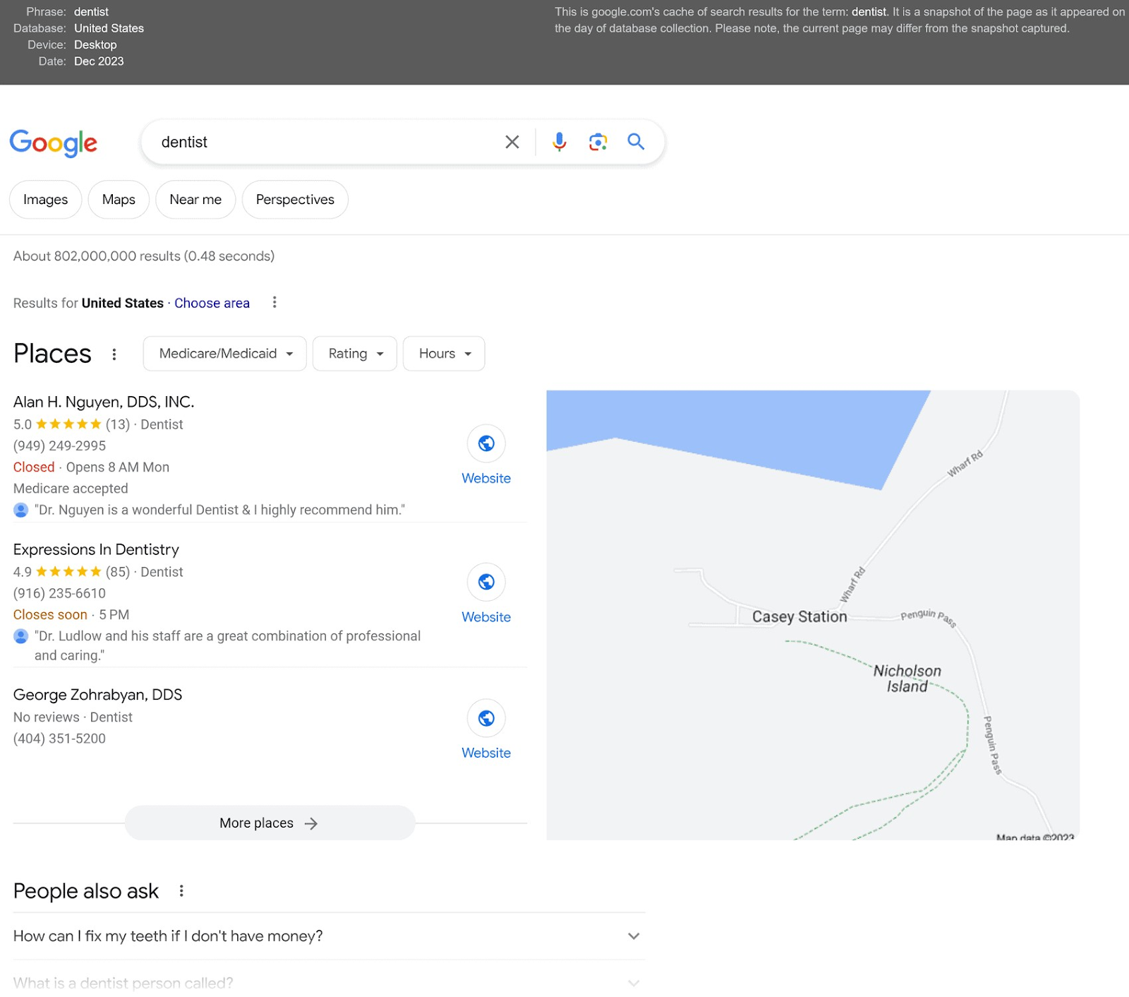 SERP preview for "dentist" keyword