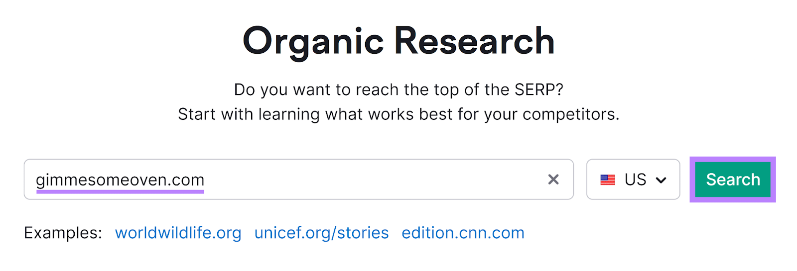 Semrush Organic Rankings tool start with domain entered and Search button highlighted