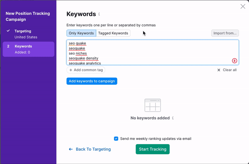 Position Tracking configuration window &ndash; Keywords section. An example how to add individual tags to keywords from the Tagged Keywords tab.