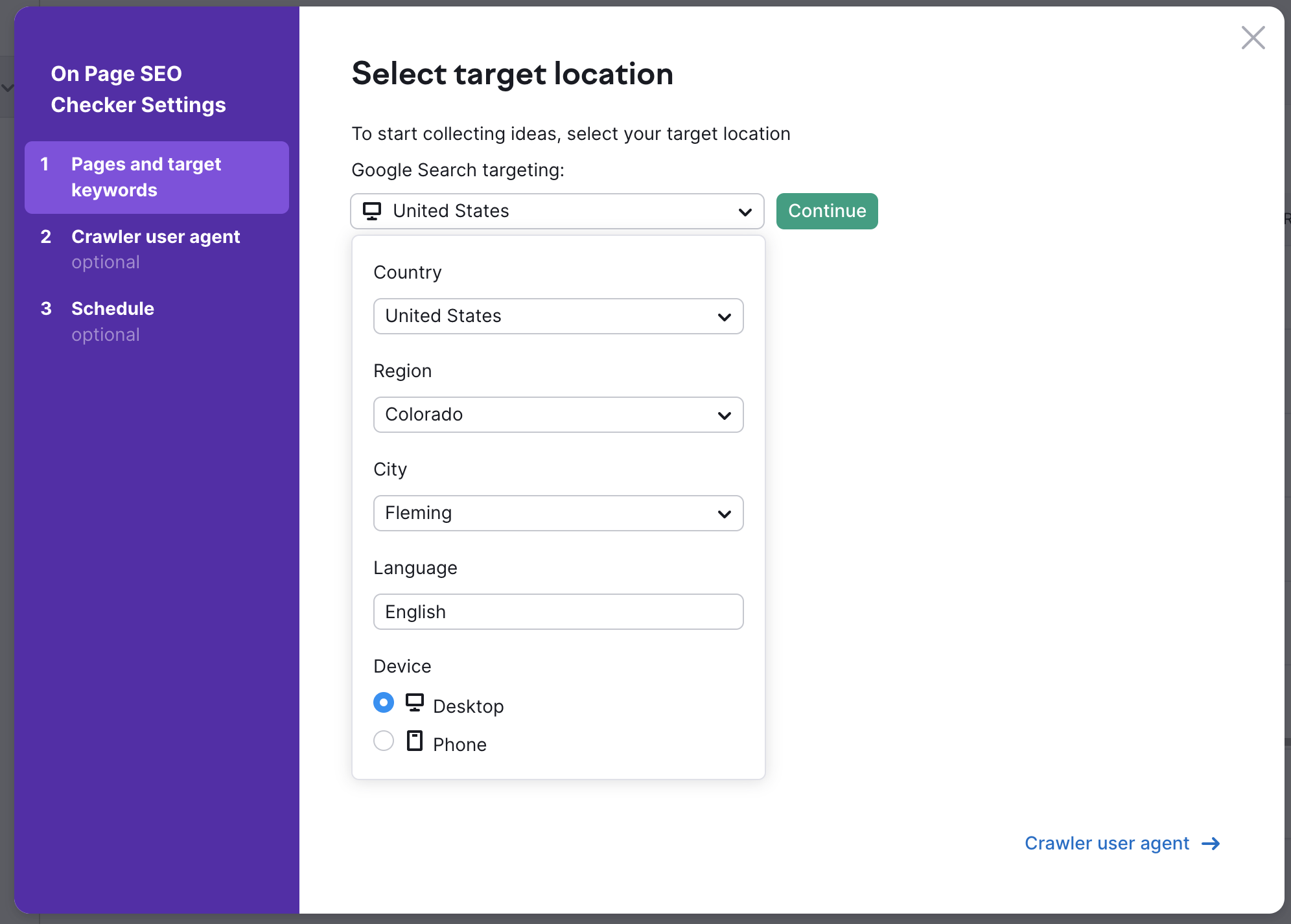 The On Page SEO Checker set up campaign window with the Google Search targeting drop-down.