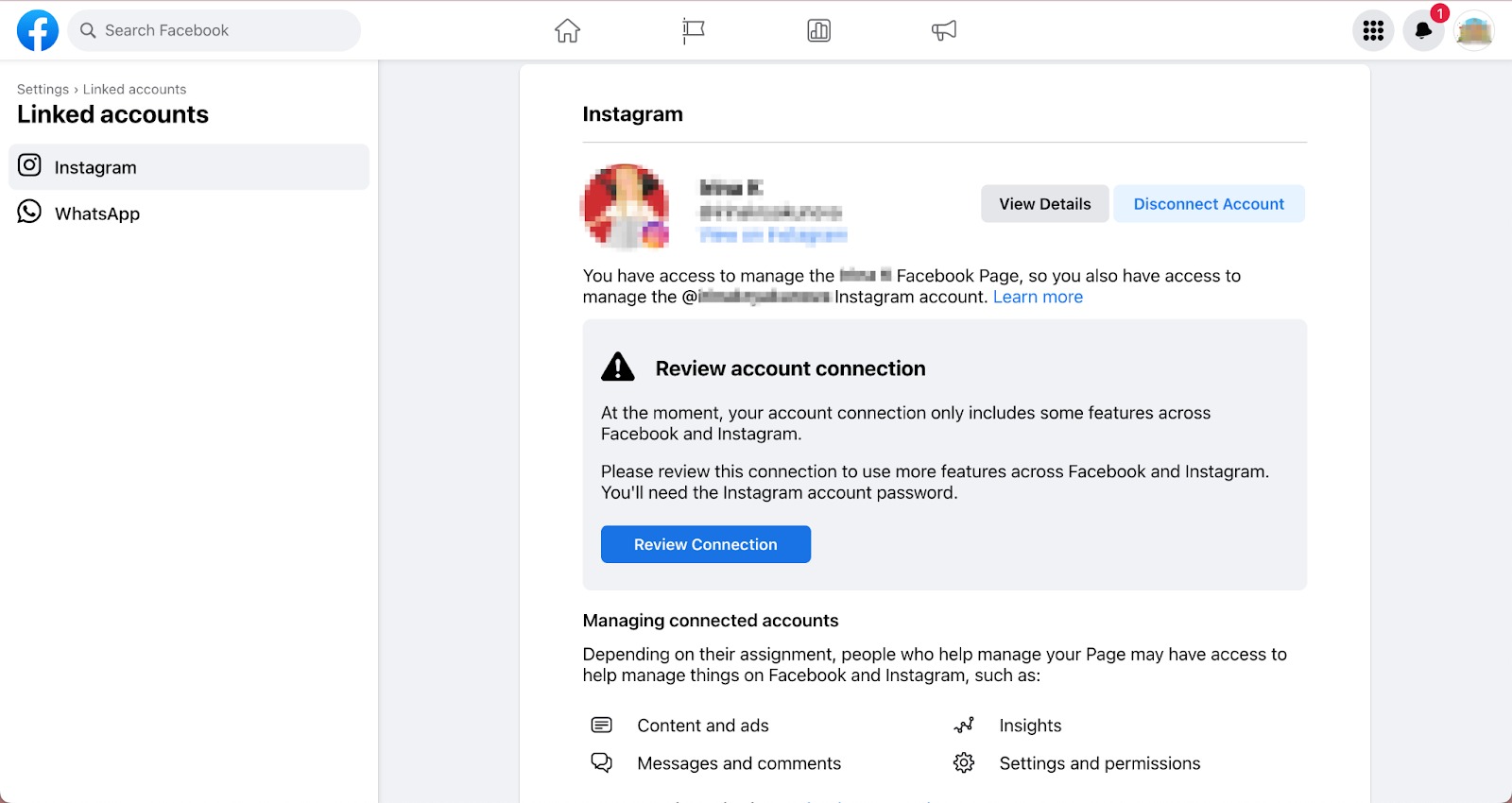 Facebook settings: a page with linked accounts where you can see a message to review connection.