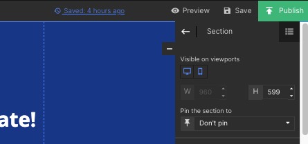 The top right corner of the landing page editor, showing the last save time, and the following options: preview, link, and publish.