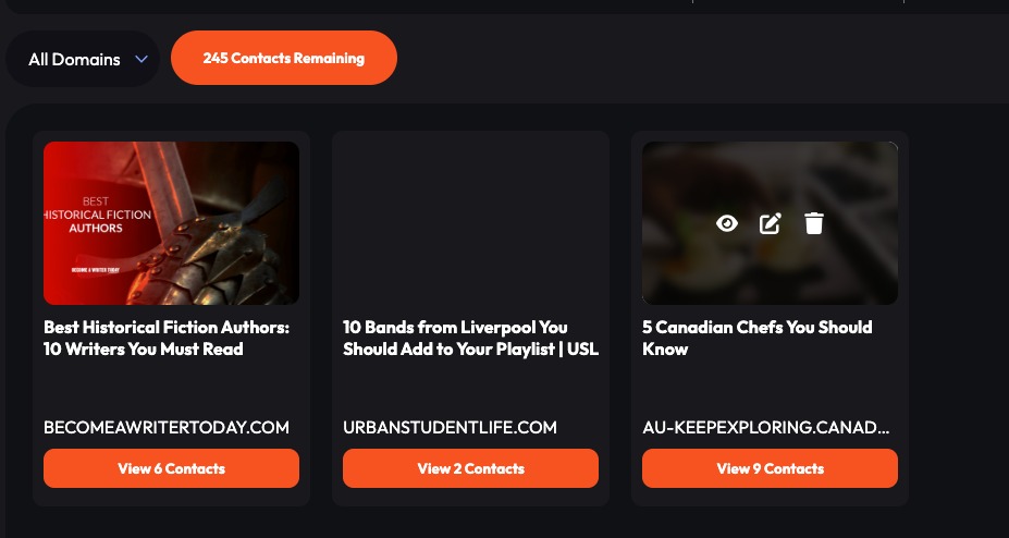 The All Domains filter allows you to see all the blog content you&rsquo;ve analyzed using the Mentioned - Outreach Wizard app.