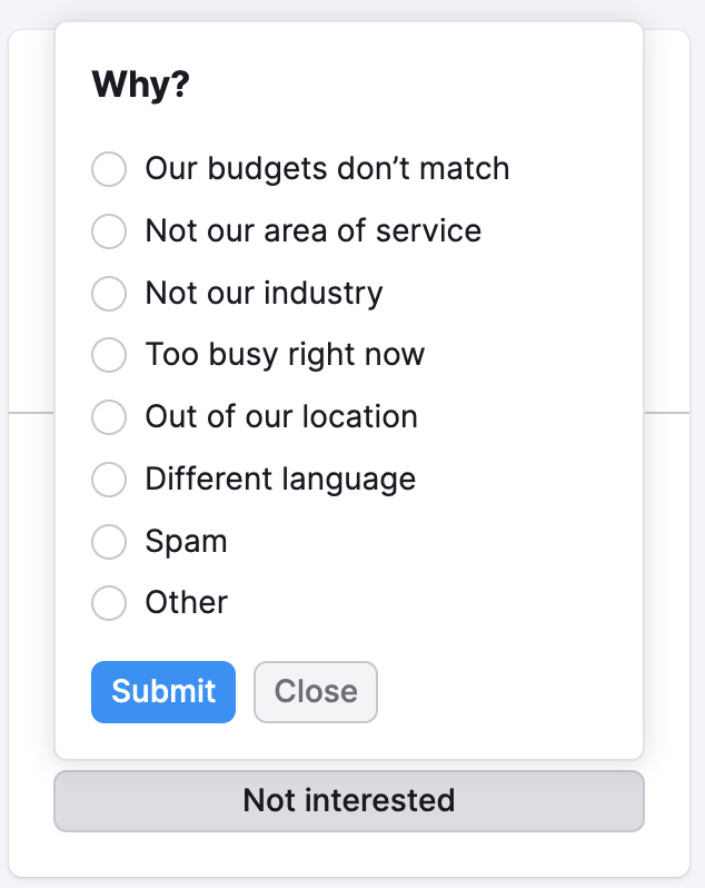 A drop-down menu with reasons to reject a lead that appears after clicking the Not interested button.