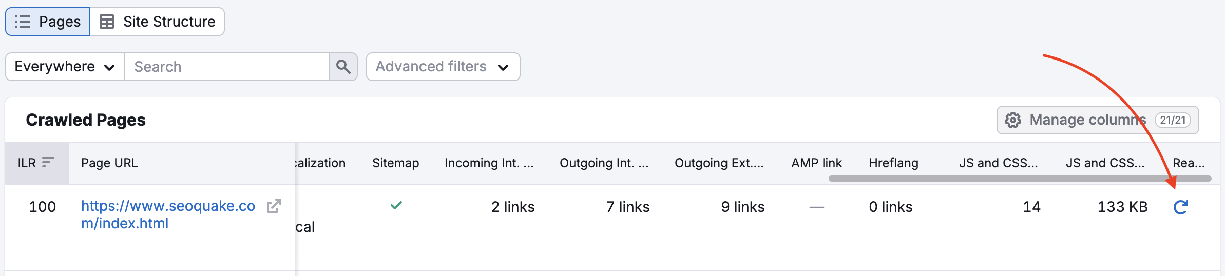 The red arrow points to the reaudit URL button.
