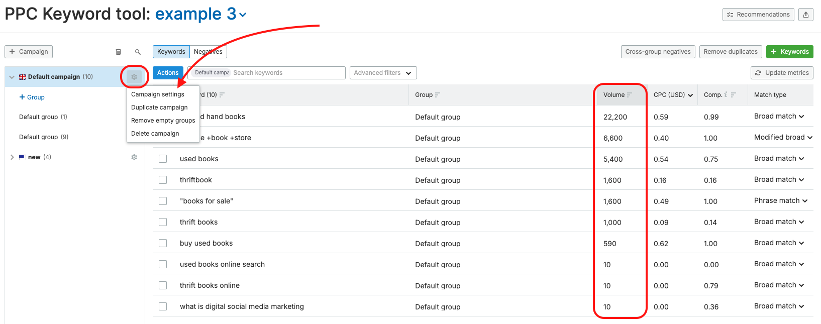 The settings drop-down and the Volume column are highlighted in the PPC Keyword Tool.