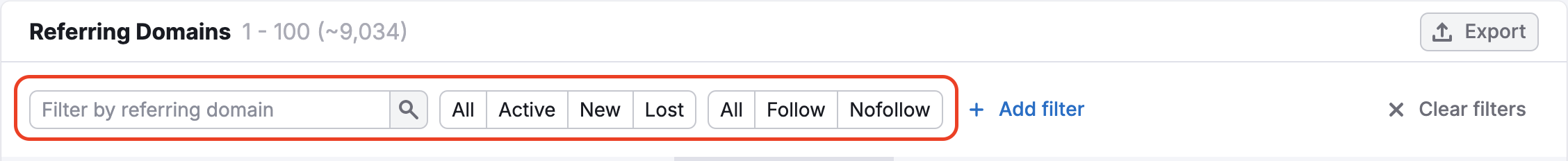 Quick filters in the Referring Domains report are above the table.