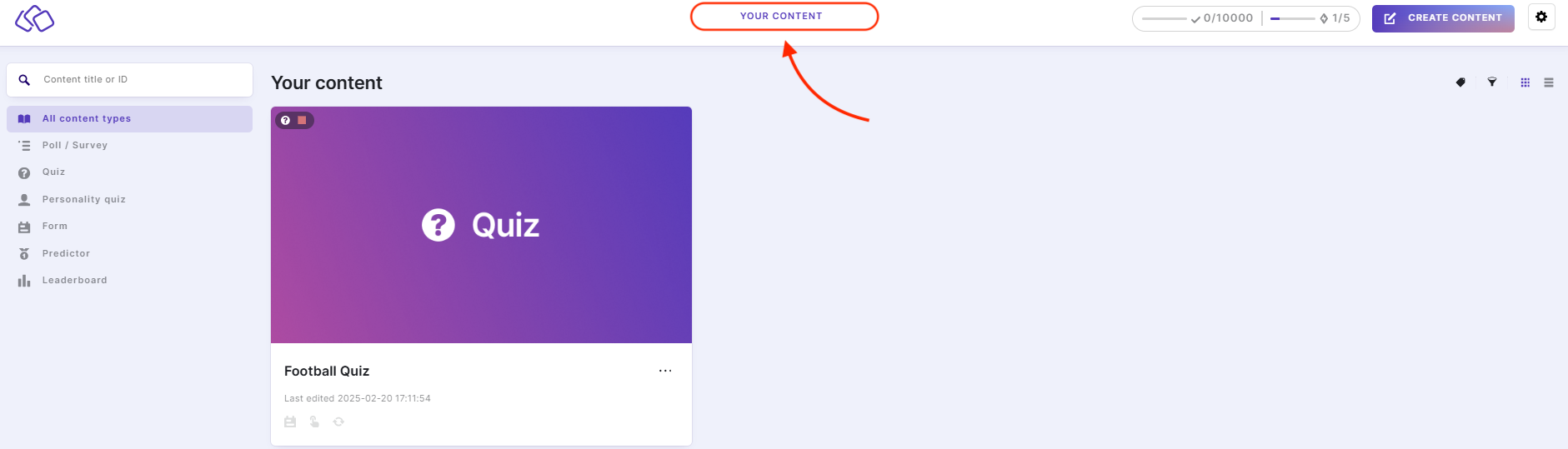 Navigating back to the &lsquo;Your Content&rsquo; homepage for the Quiz Maker app.