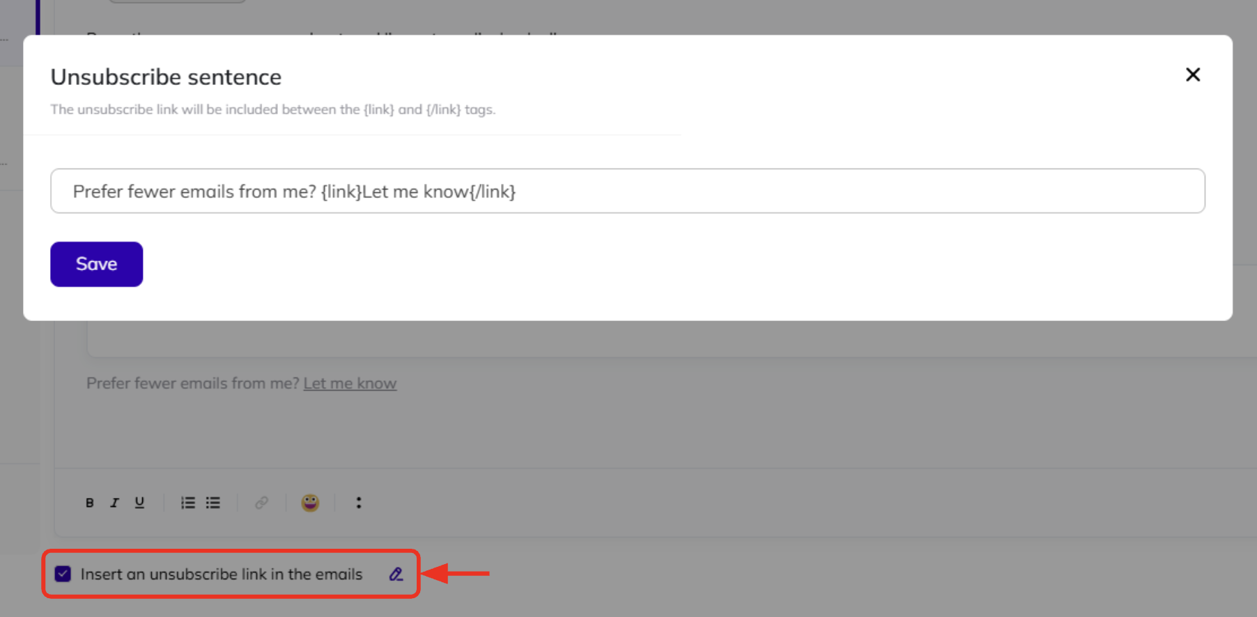How to add an &lsquo;unsubscribe&rsquo; option to emails in AI Backlink Builder.