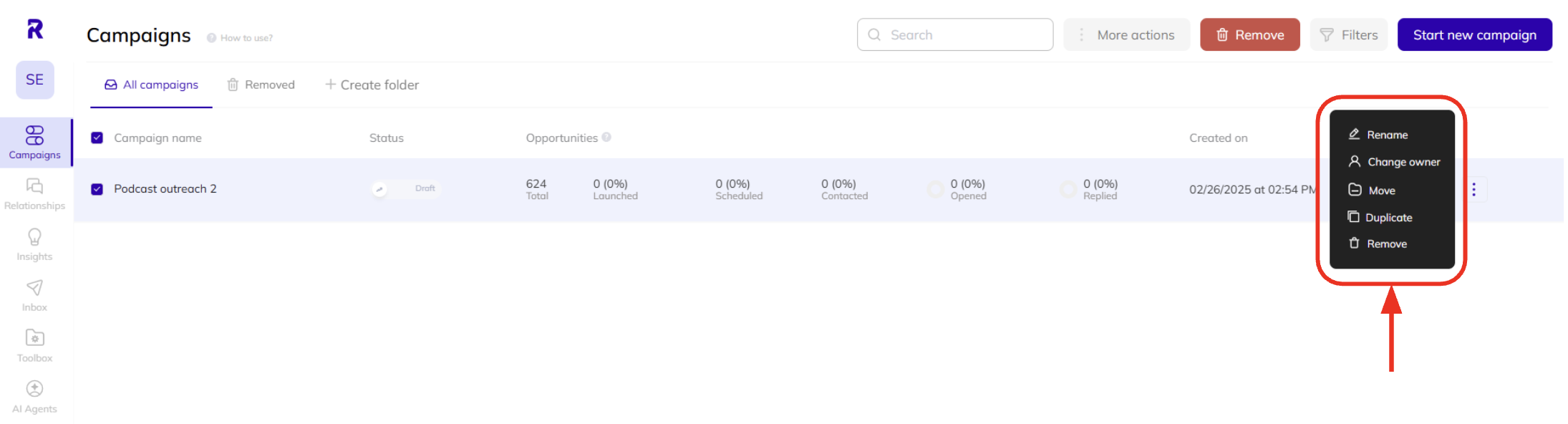 How to rename or duplicate campaigns in AI Backlink Builder.