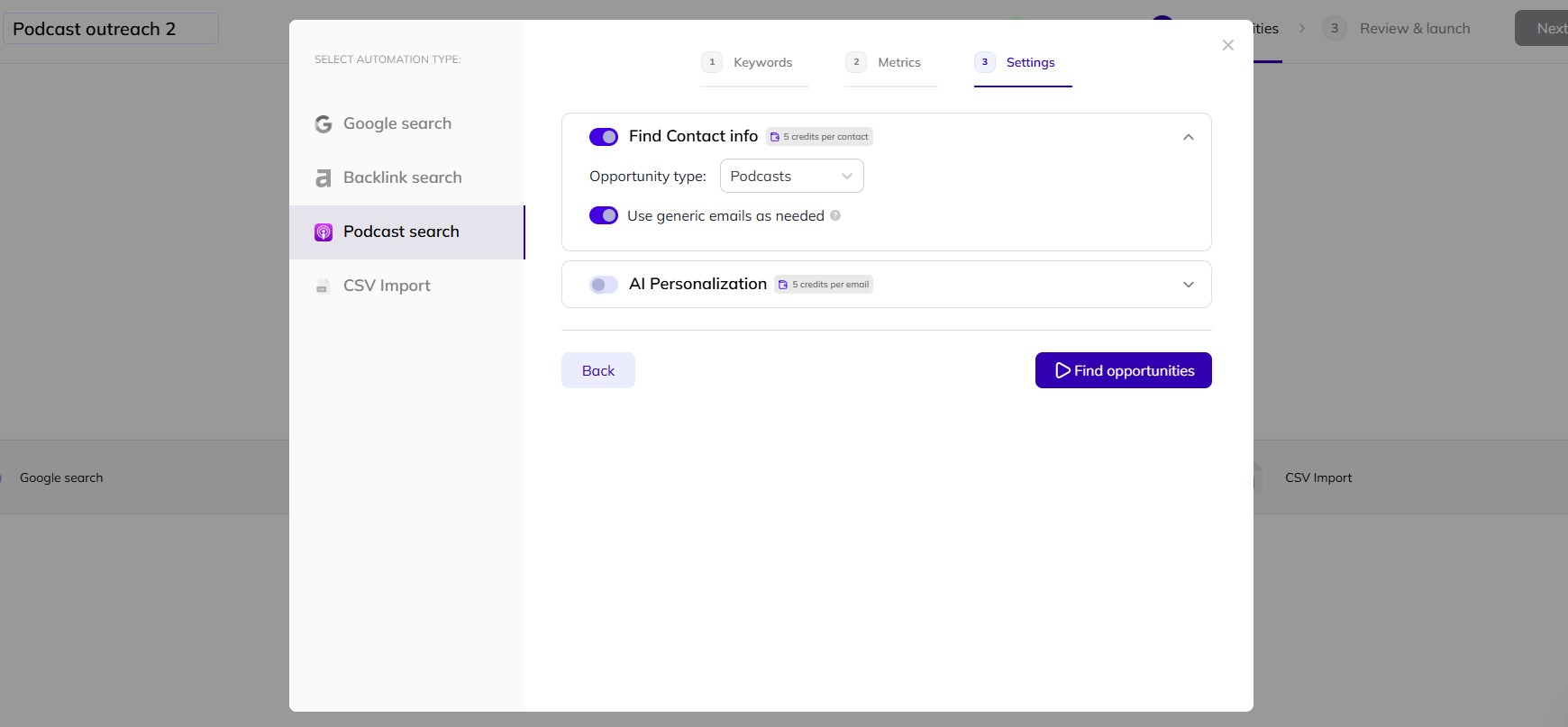 How to change the settings for a podcast search in AI Backlink Builder.