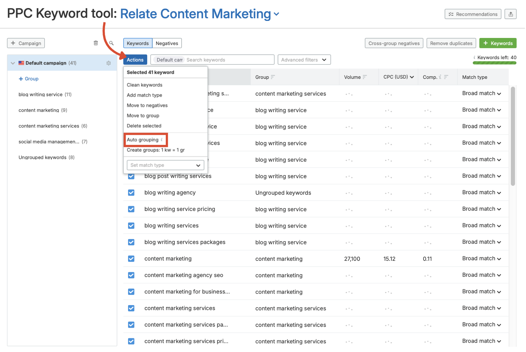 Organizing keywords in the PPC Keyword Tool