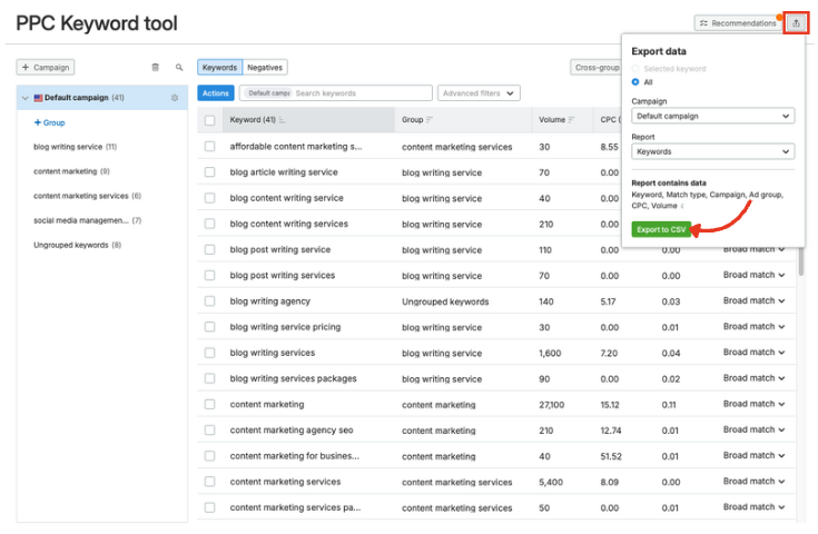 The export button in the PPC Keyword Tool.