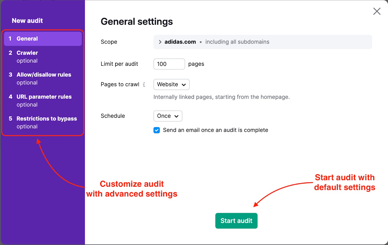 Site Audit settings wizard displayed, showing a 5-step process for configuring a Site Audit campaign.