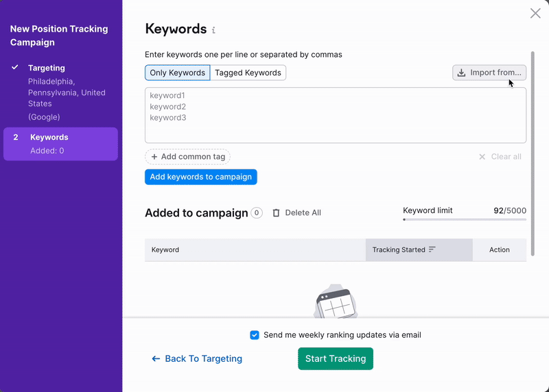 Position Tracking configuration window &ndash; Keywords section. An example how to add keywords from Semrush suggestions. 