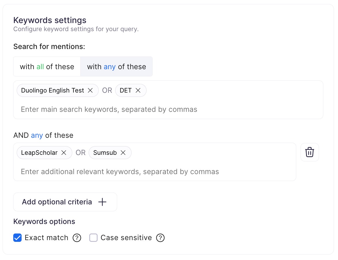 Keyword settings in Brand Monitoring with the With any of these logic operator selected, plus additional optional criteria for advanced search refinement.