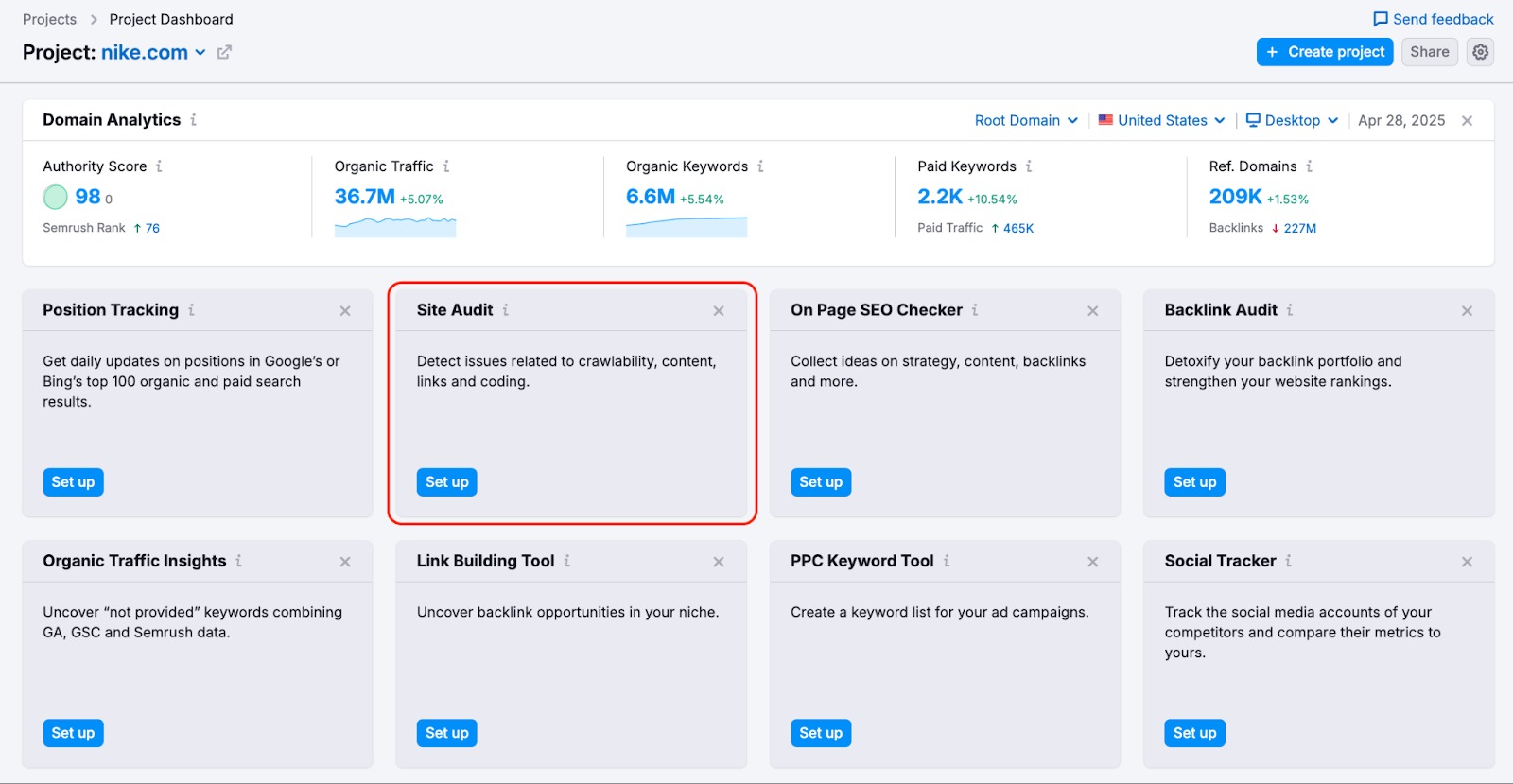 Project dashboard with the Site Audit tool card highlighted, prompting setup.