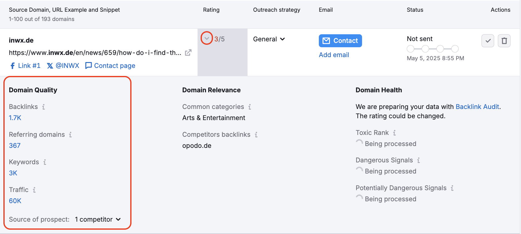 The Prospect URL is expanded to display additional information, including Domain Quality, Domain Health, and Domain Relevance.