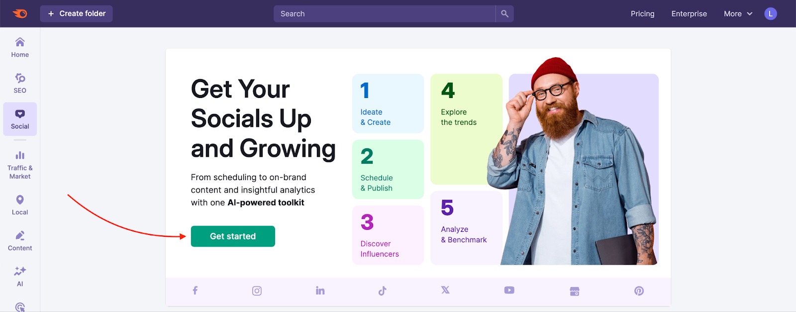 Social Tracker start page with the Get Started button highlighted.