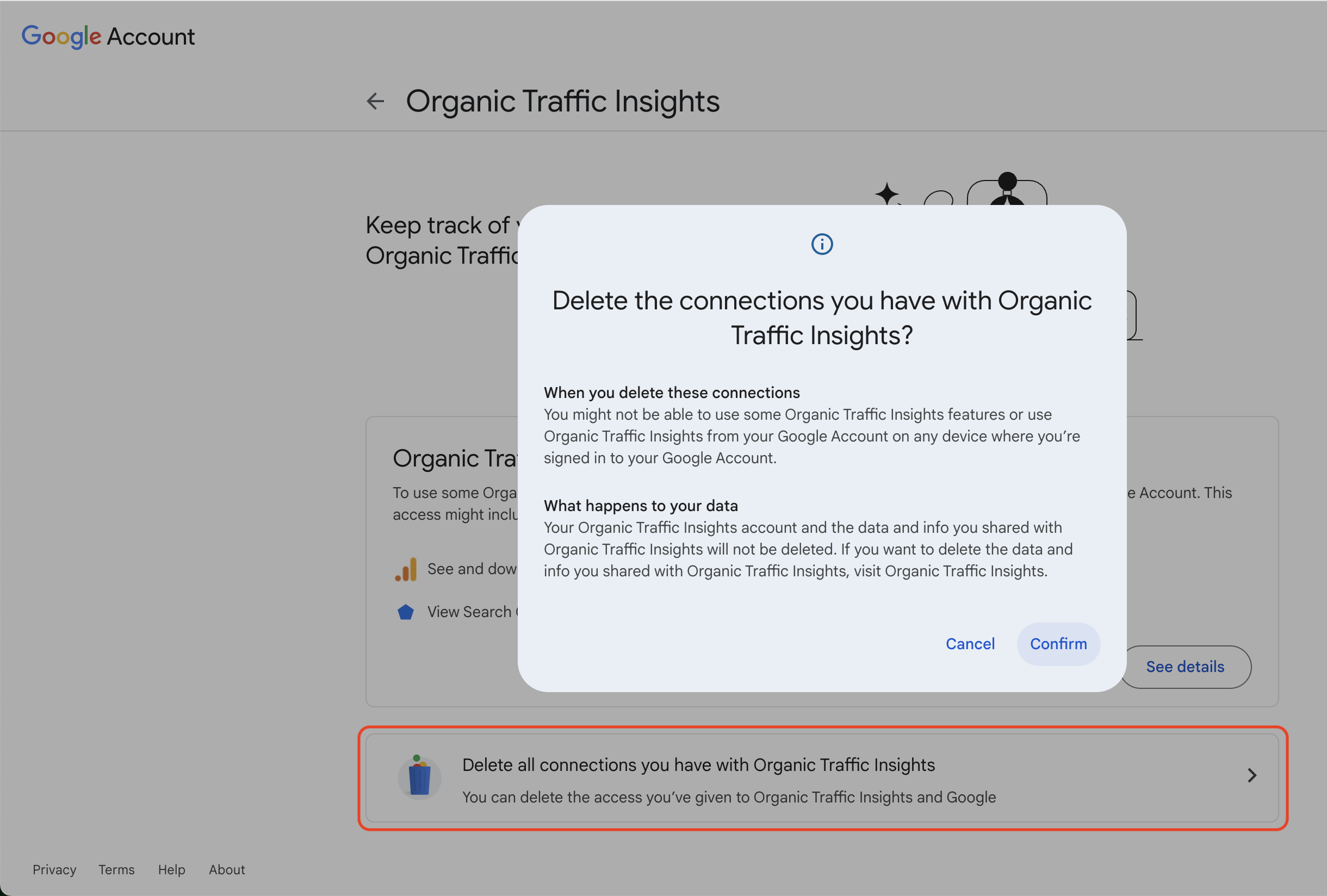 Pop-up window prompting the user to confirm the deletion of a connection.