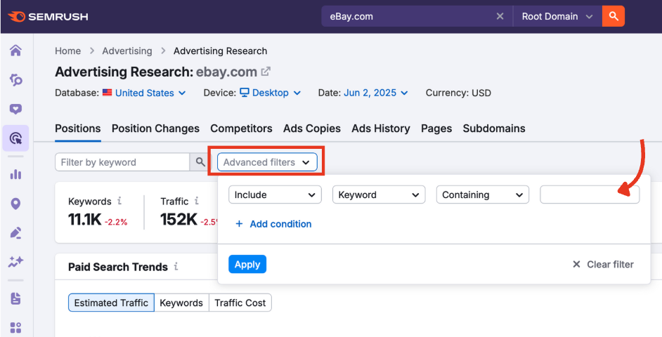 The Advertising Research report with the advanced filters menu expanded.
