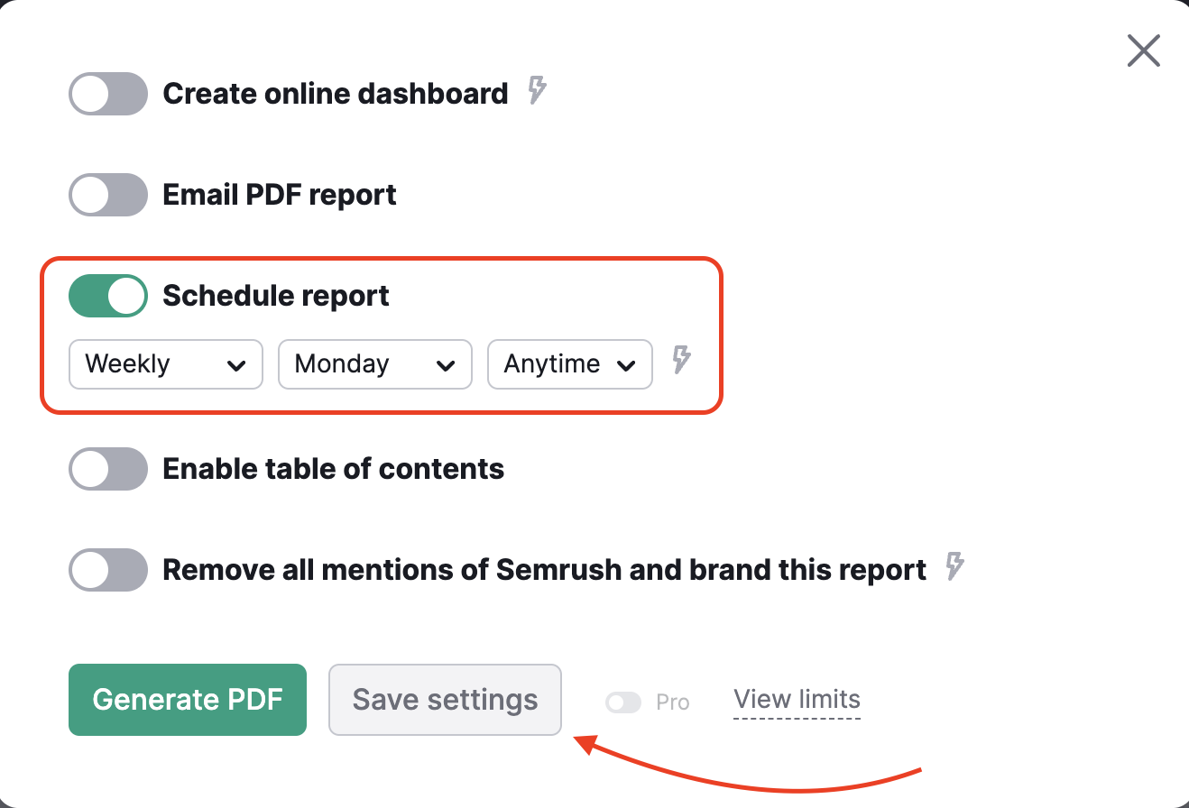 Scheduling report and saving settings.