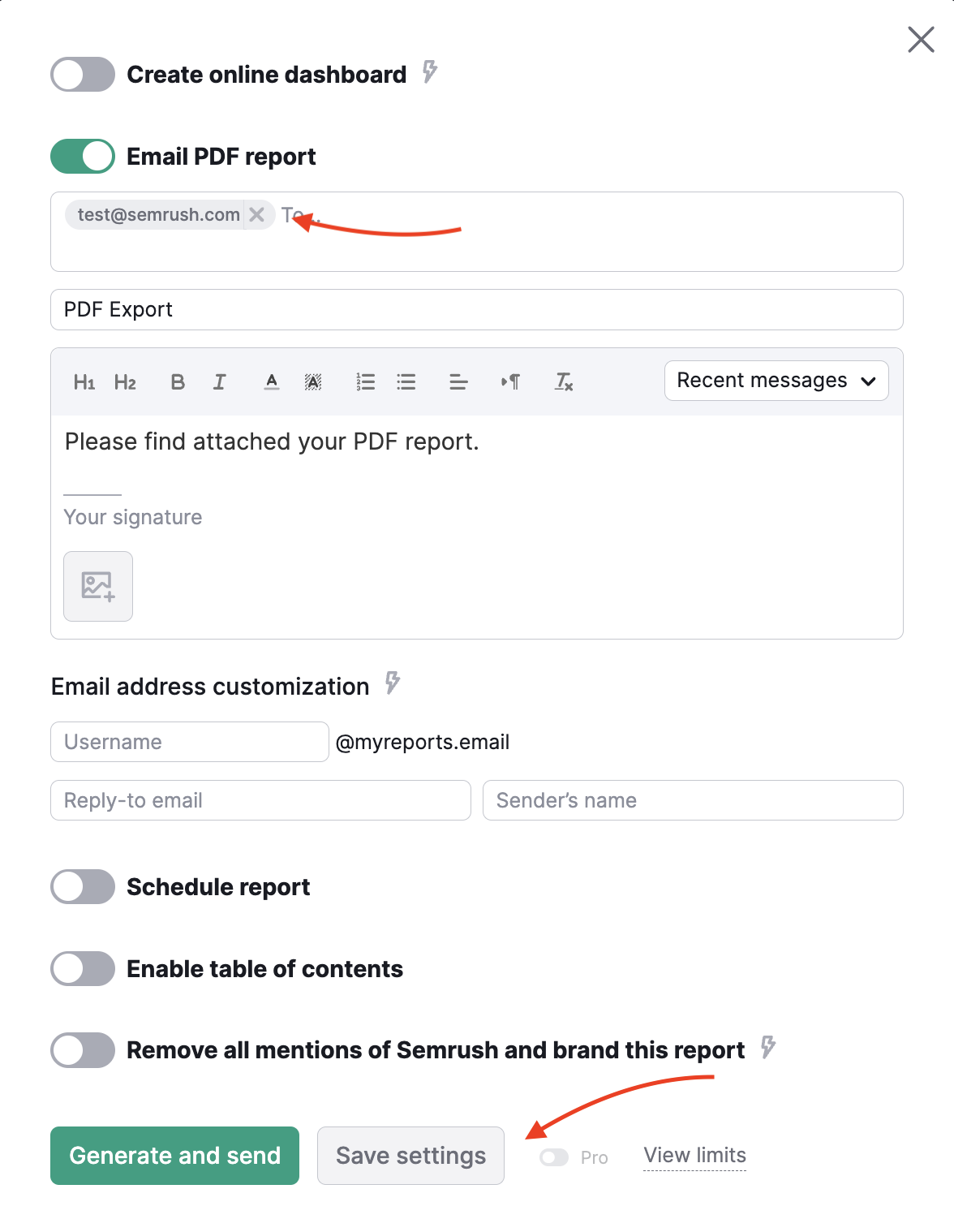 Adding email and saving settings for a PDF report.