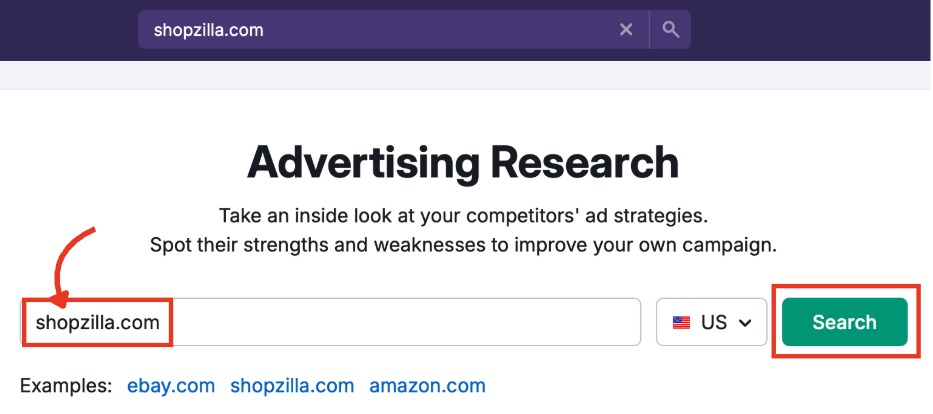 Advertising Research search bar with a domain entered.