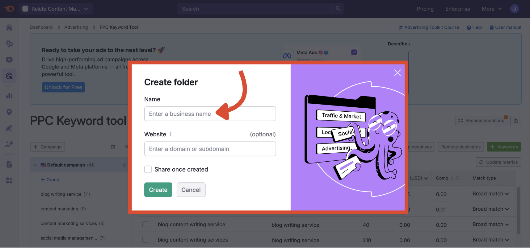 The screen to set up a new folder in the PPC Keyword Tool.