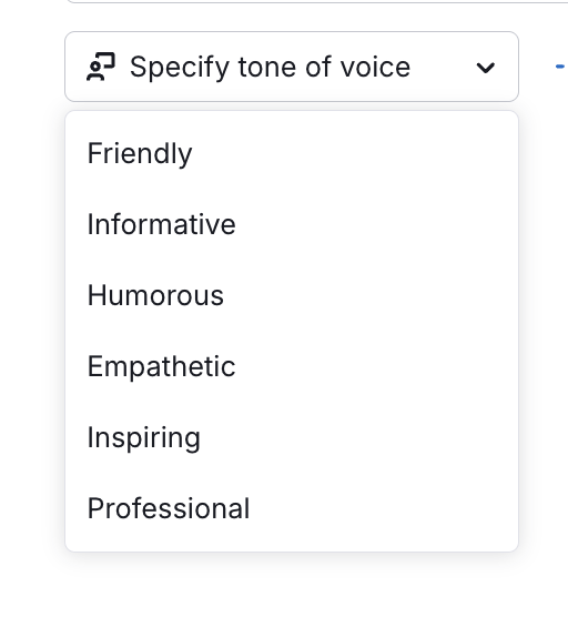 The Specify tone of voice drop-down with options: friendly, informative, humorous, etc.