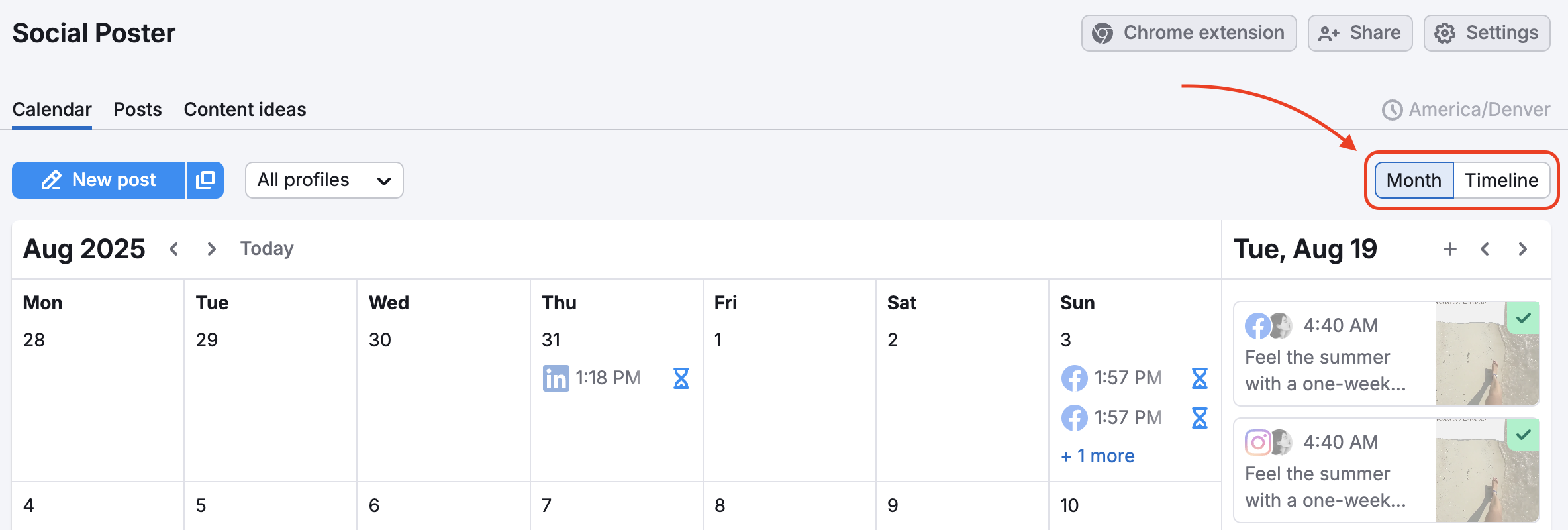 An example of the Social Poster Calendar tab with a red rectangle highlighting the Month/Timeline switcher at the top-right of the table and a red arrow pointing to it. 