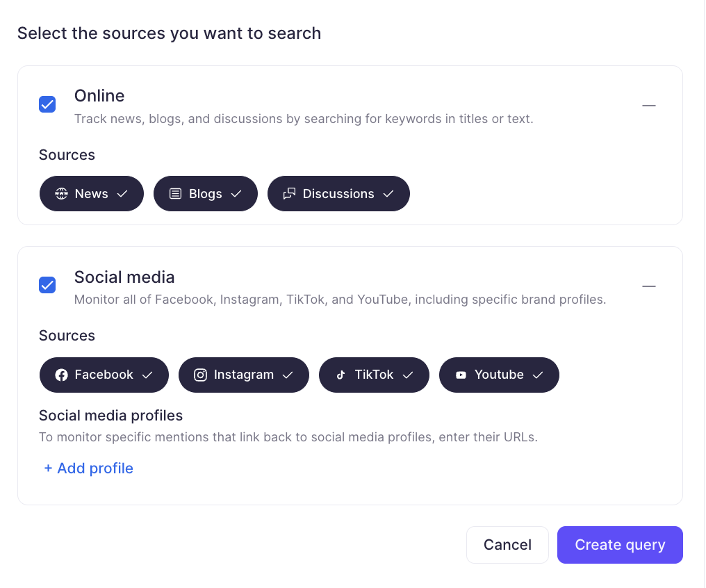 How to select the sources you want to search.