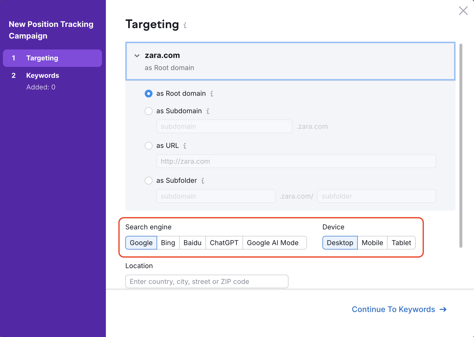 Position Tracking configuration window &ndash; Targeting. A red rectangle is highlighting the Search engine and Device buttons.  