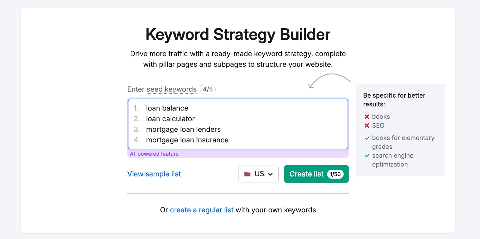 Keyword Strategy Builder start with keywords entered in input field.