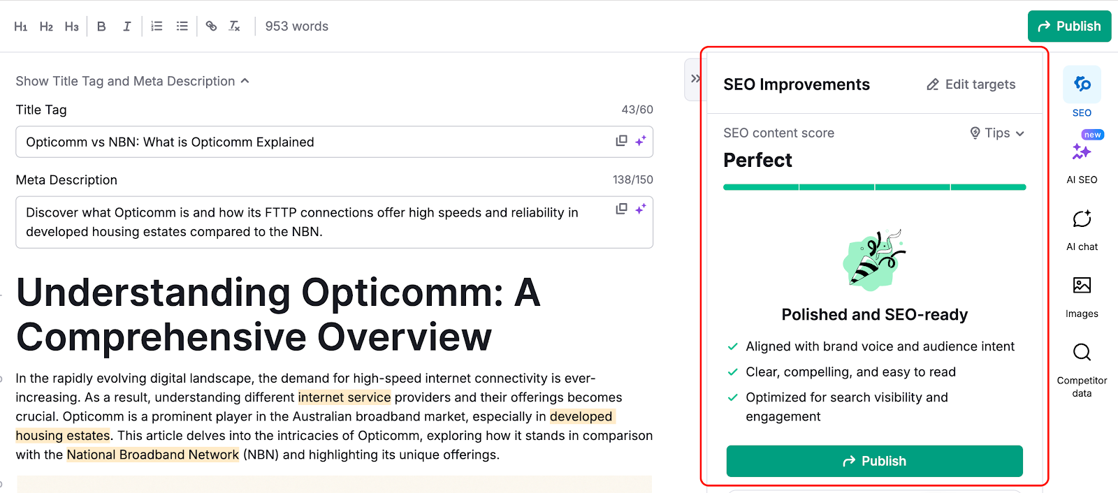 An example of the generated article in AI Article Generator. On the right, the menu with the score and recommendations that were used in the article is highlighted. 