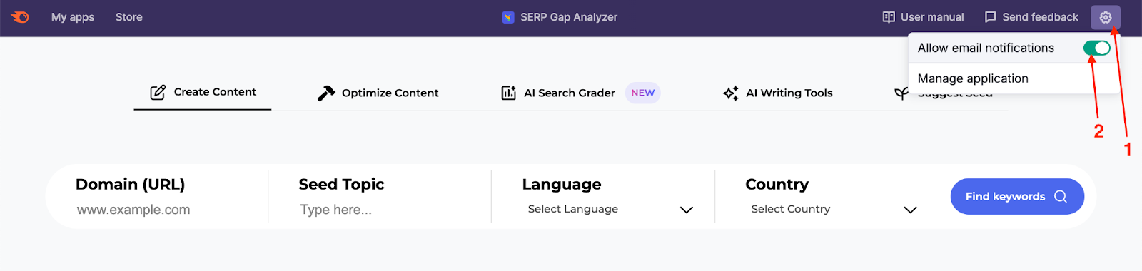 A red arrow pointing to the Allow email notifications toggle.