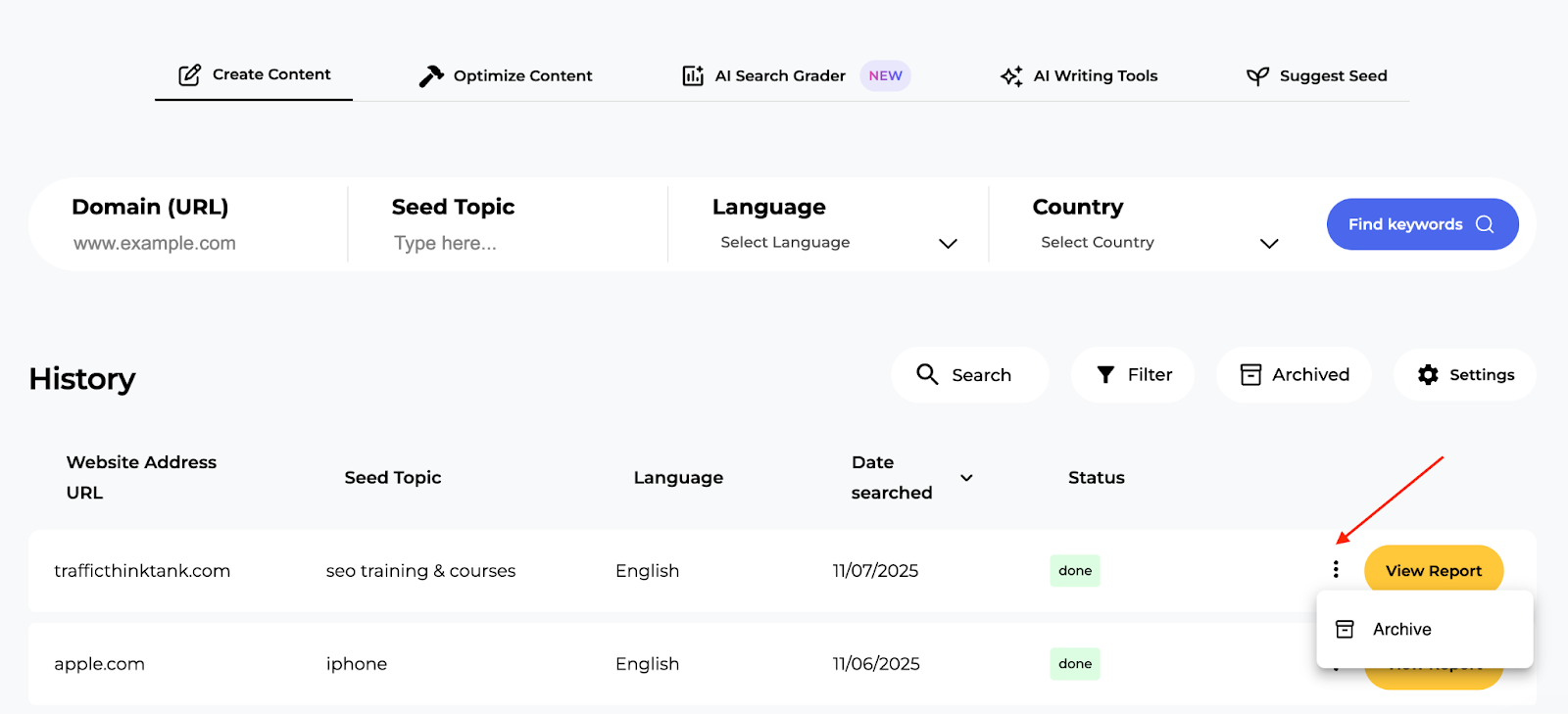 Where to find the Archive button.