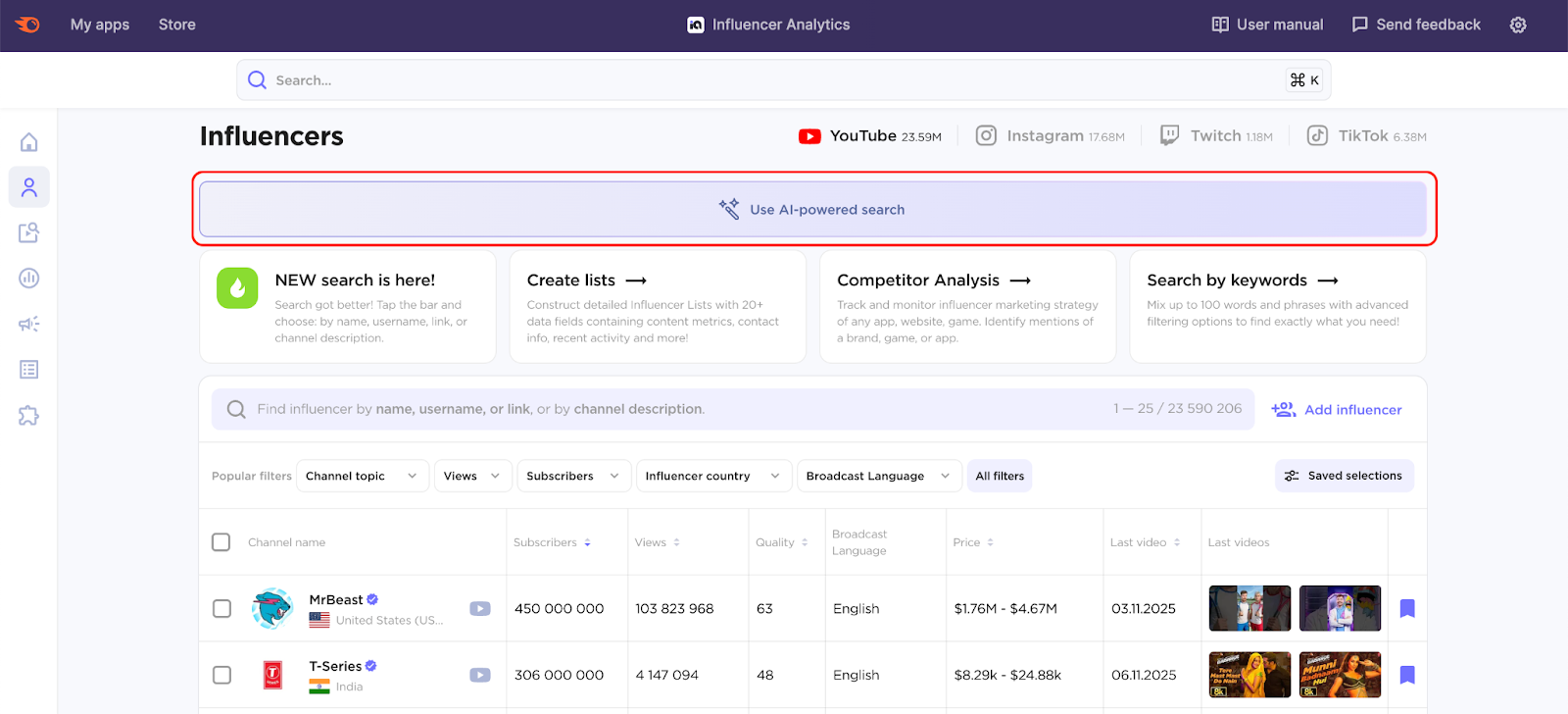 An example of the AI-powered search in the Influencer Discovery tab.