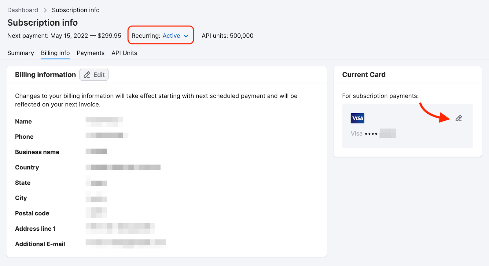 An example of the Billing info tab with a red rectangle highlighting the status of the subscription Recurring: active and a red arrow pointing to the Edit button for updating a credit card. 