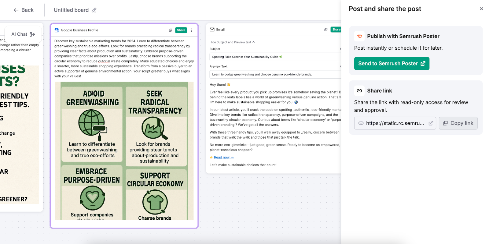 Board content card open in preview mode, showing post copy and publish options.