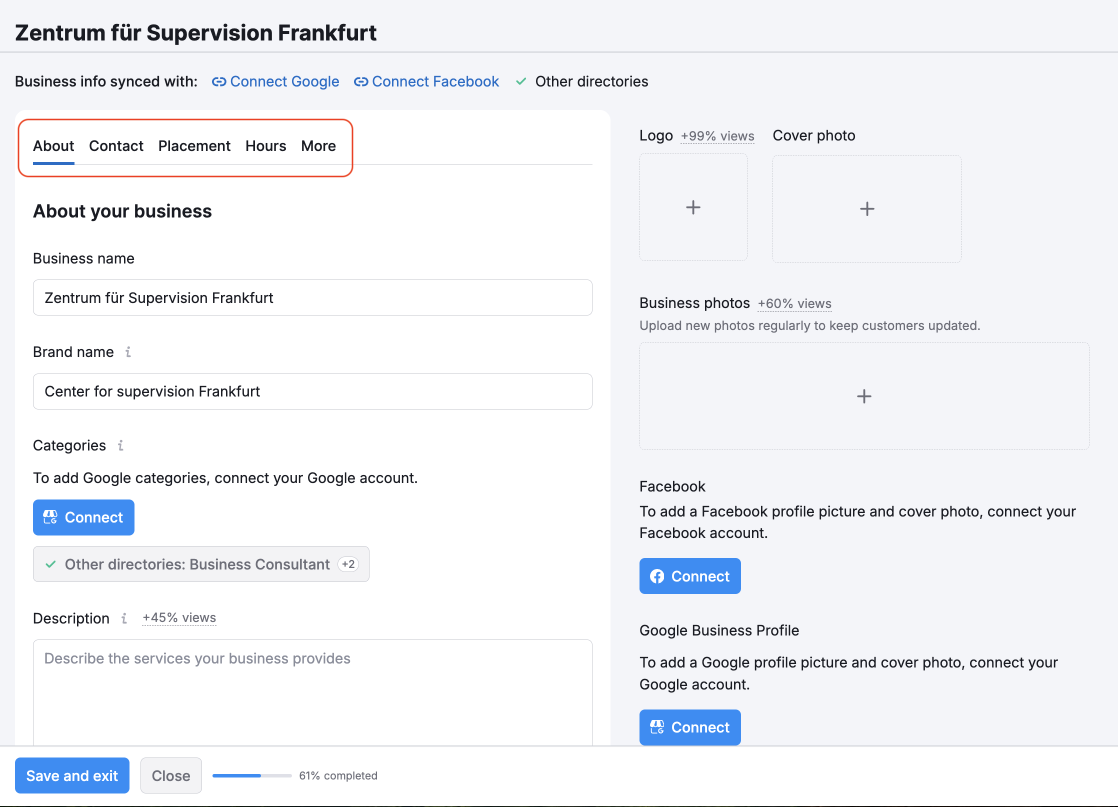 Editing business information. 